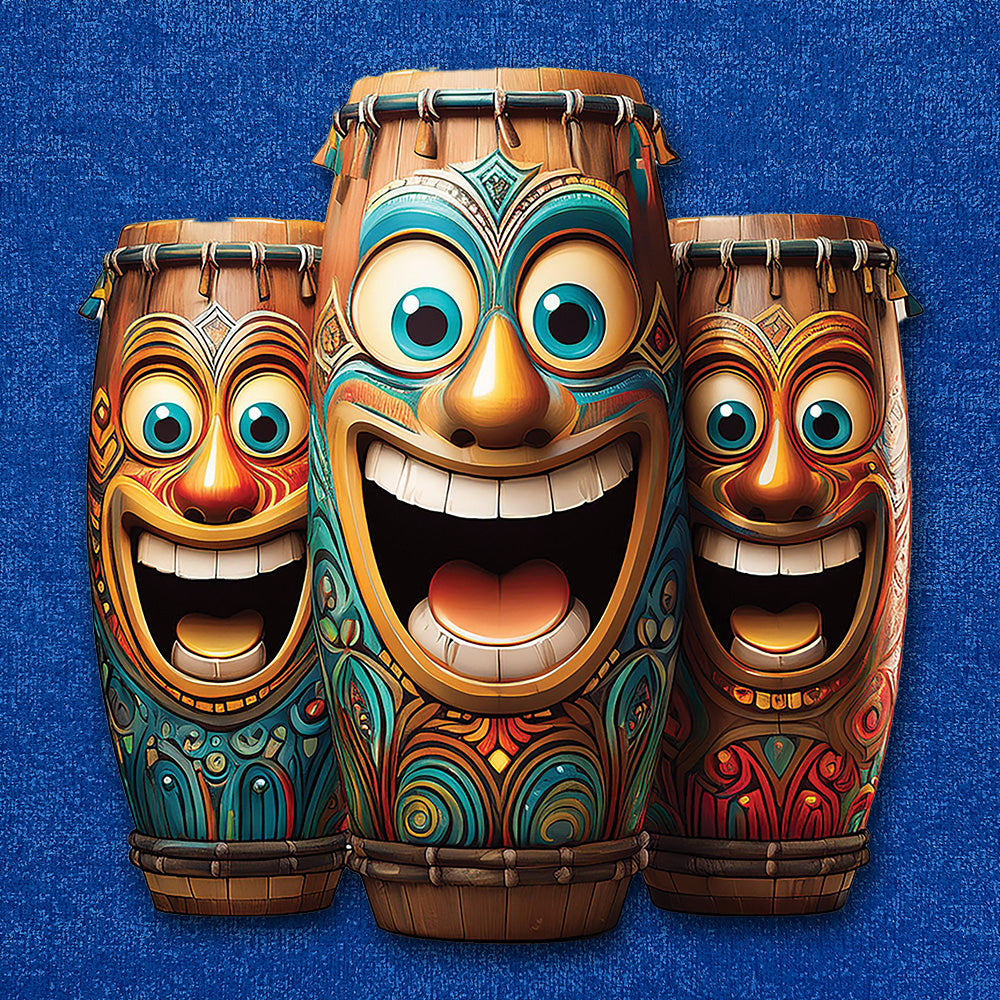 3 Fun Tiki Style Bongo Drums laughing Happily on a Blue Denim Background