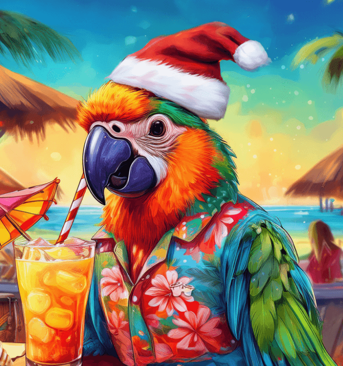 Parrot wearing a Santa Hat drinking a cocktail at a tiki bar