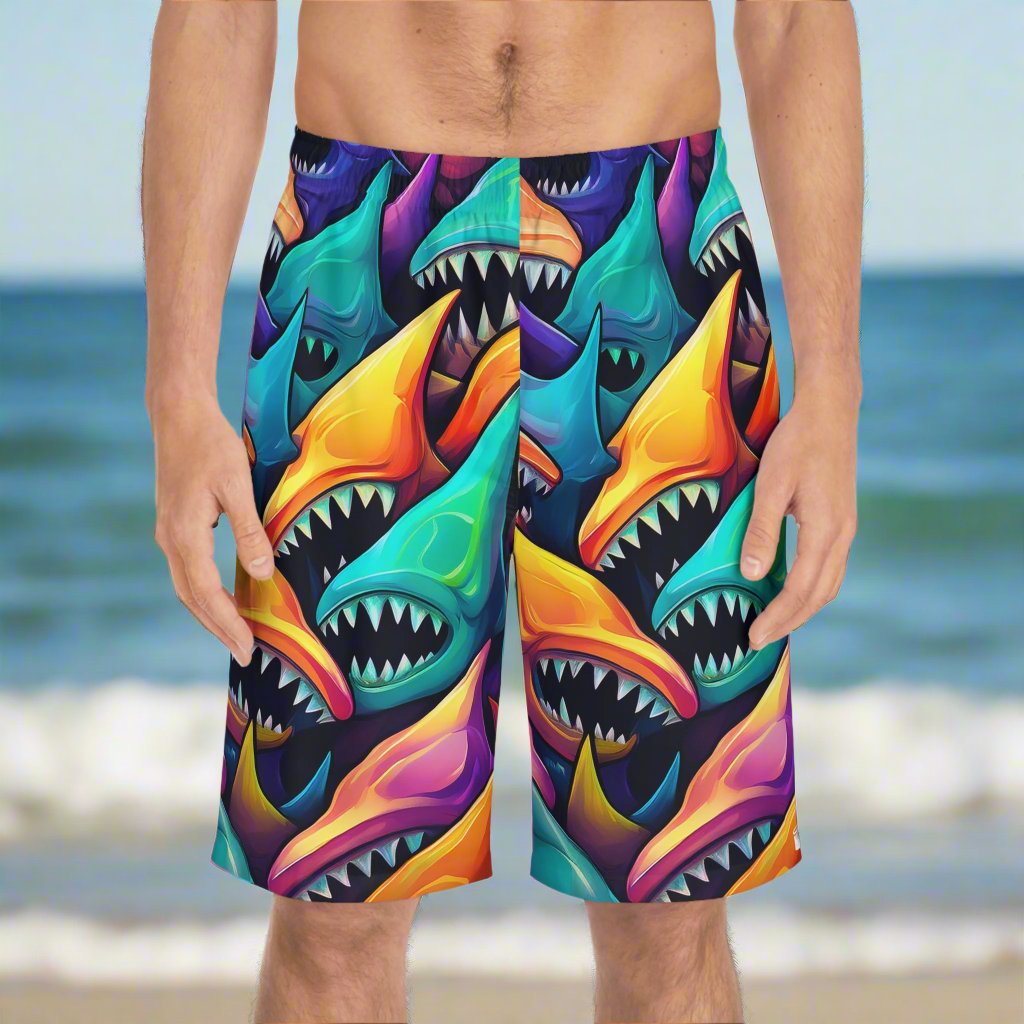 guy standing on the beach wearing surreal shark pattern 