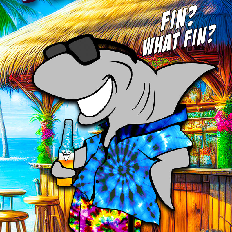 Mr Fin, who is obviously a land shark is leaning against a tiki bar holding a beer. asking "Fin? What Fin?"