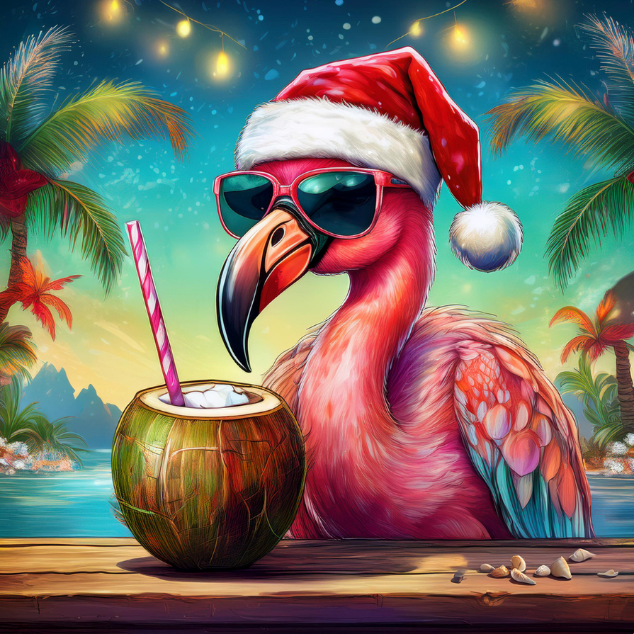 Flamingo wearing a Santa Hat, sitting at a tiki bar have a drink from a coconut 