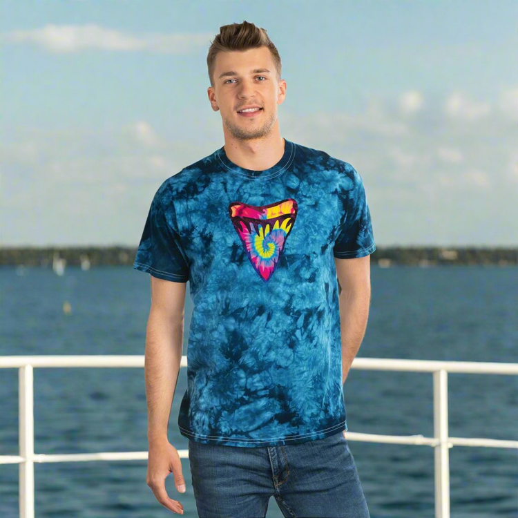 Guy standing on the deck of a yacht wearing a cool Tie Dye Shark Tooth Design