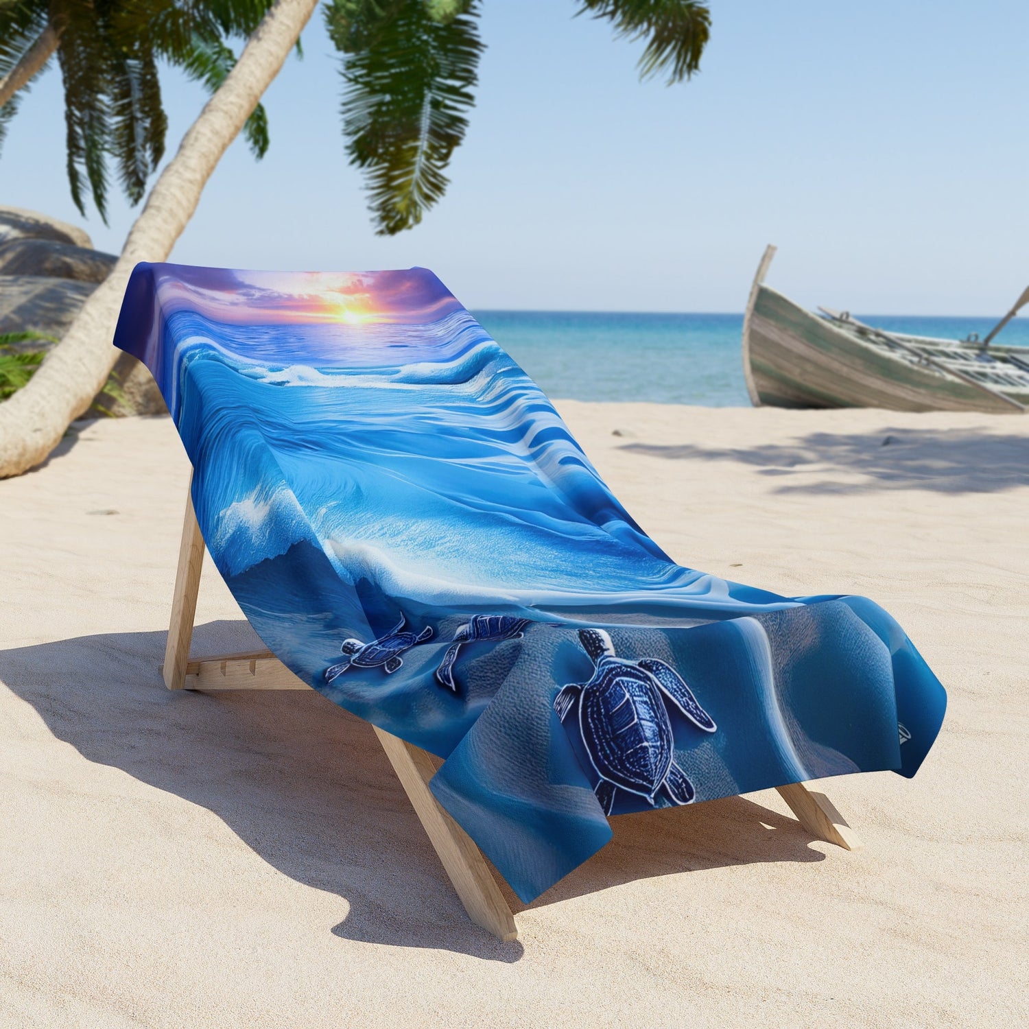 Sea Turtle Beach Towel draped over a lounge chair on the beach