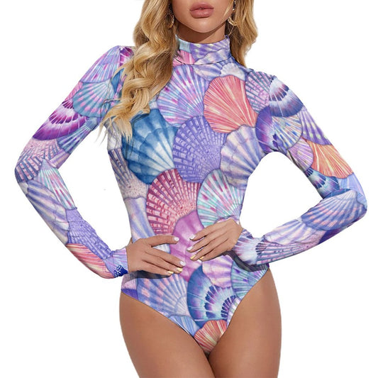 High-collar Long-Sleeve Bodysuit With Cool Seashell Print