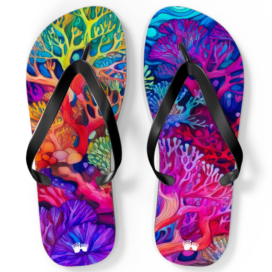 Beach Ready Flip-Flops With Vibrant Coral Reef Art.