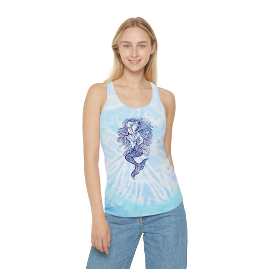 Arte zen de sirena sobre camiseta sin mangas con espalda nadadora y efecto tie-dye