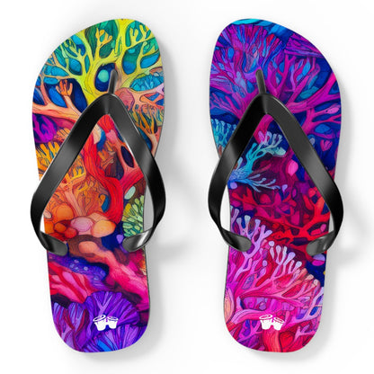 Beach Ready Flip-Flops With Vibrant Coral Reef Art.