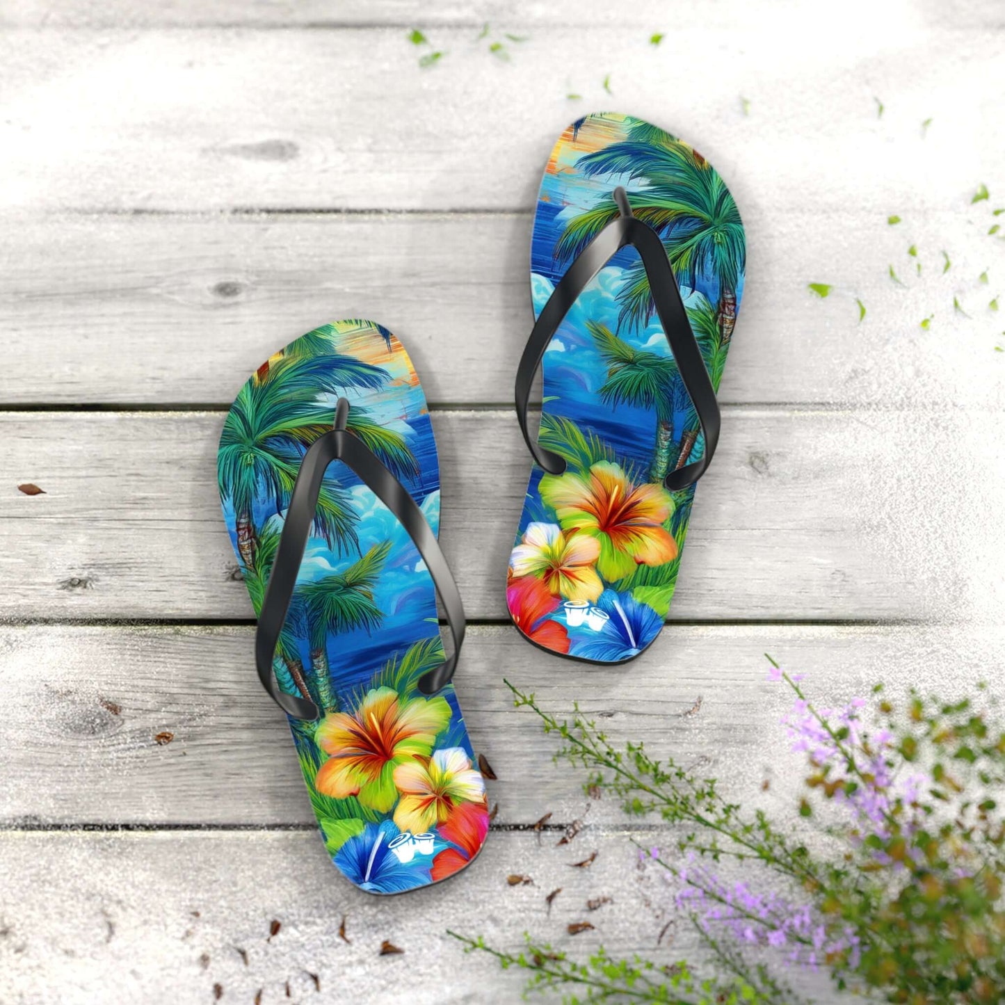 Flip-Flops With Tropical Island Scene | Beach Shoes