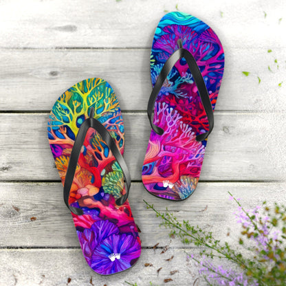 Beach Ready Flip-Flops With Vibrant Coral Reef Art.