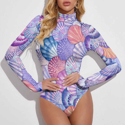 High-collar Long-Sleeve Bodysuit With Cool Seashell Print