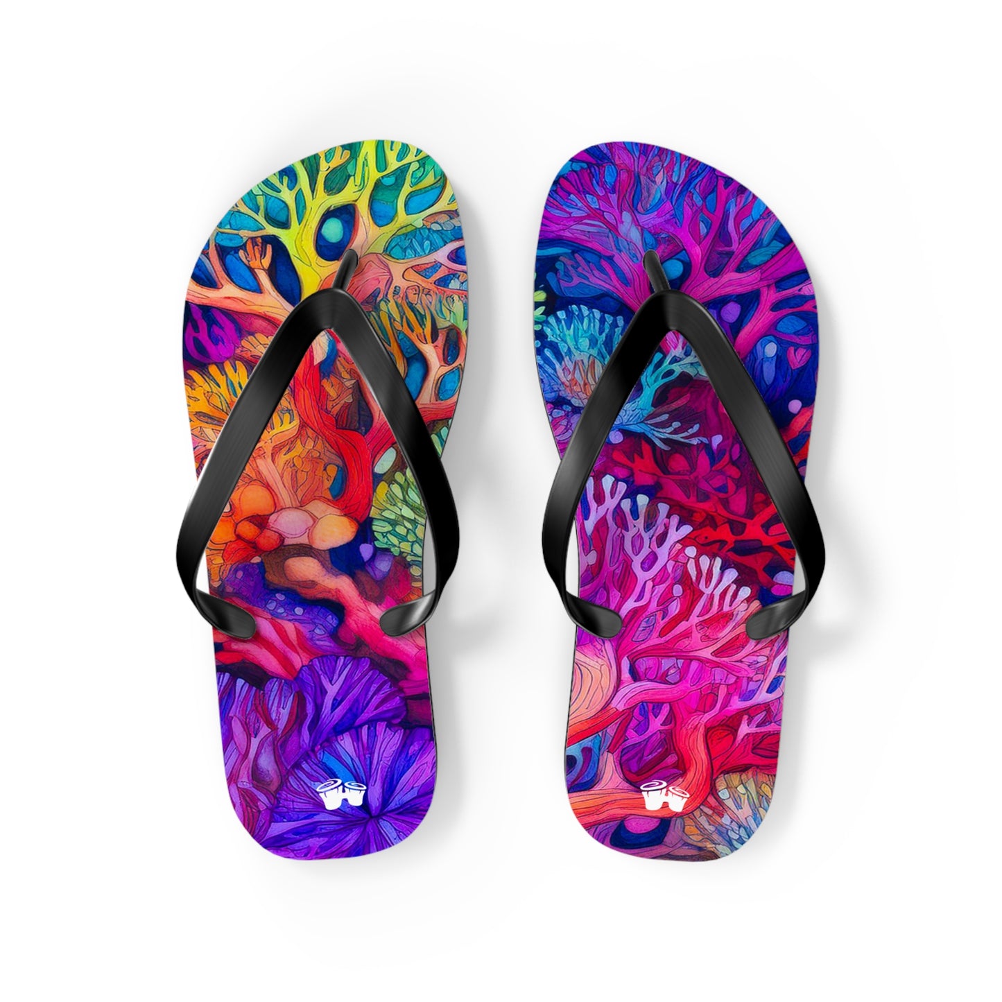 Beach Ready Flip-Flops With Vibrant Coral Reef Art.