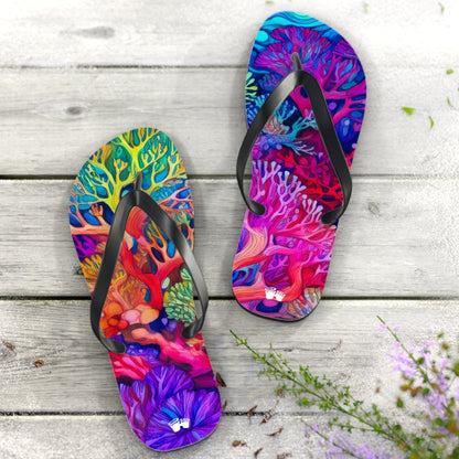 Beach Ready Flip-Flops With Vibrant Coral Reef Art.