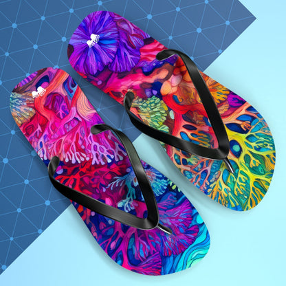 Beach Ready Flip-Flops With Vibrant Coral Reef Art.