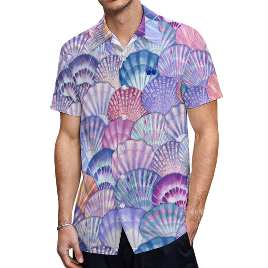 Men's Short Sleeve Seashell Print Shirt with Pocket