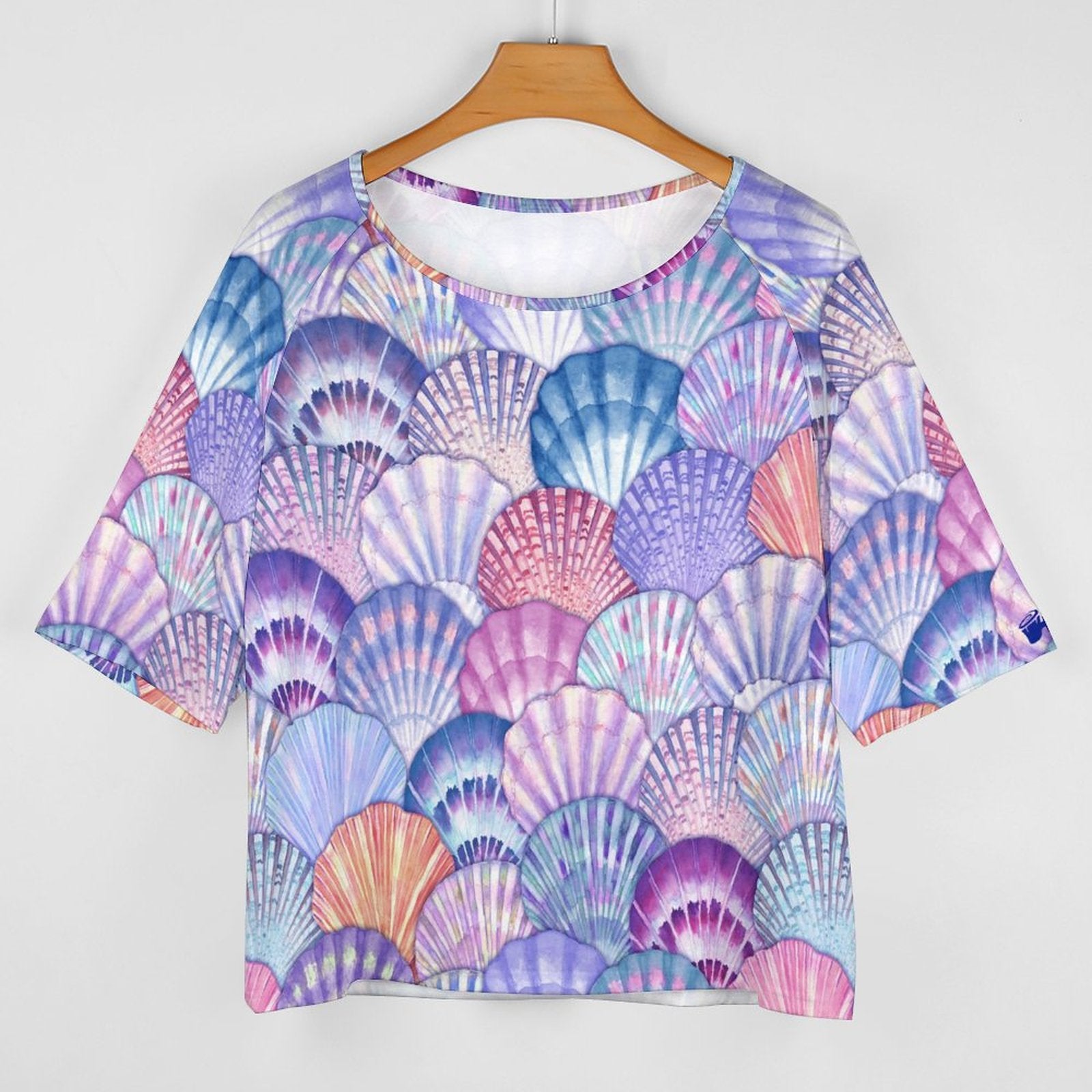 Women’s Off the Shoulder Slouchy, Half-Sleeve T-shirt With Colorful Seashell Pattern Print