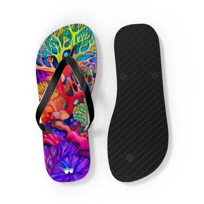 Beach Ready Flip-Flops With Vibrant Coral Reef Art.