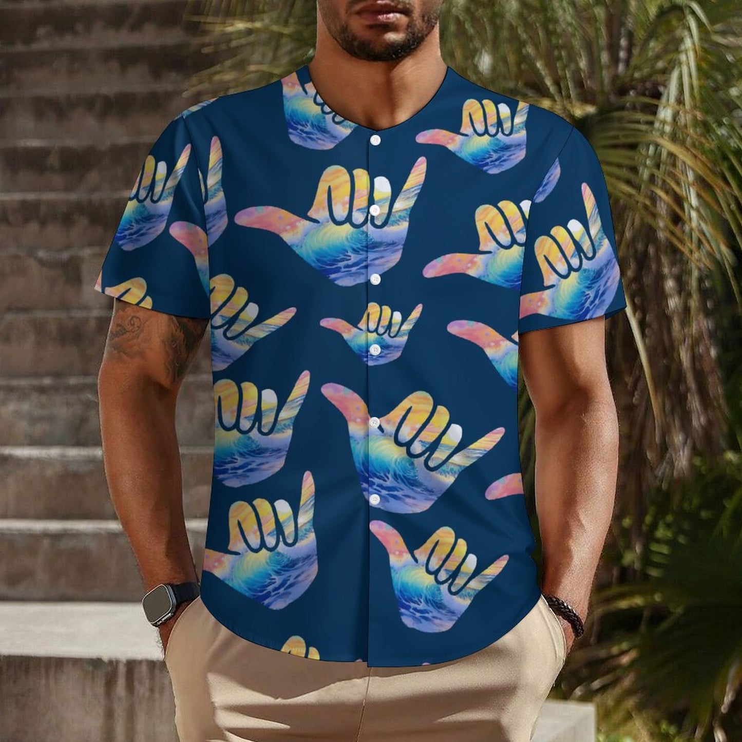 Collarless Hawaiian Style Shirt | Shaka Pattern