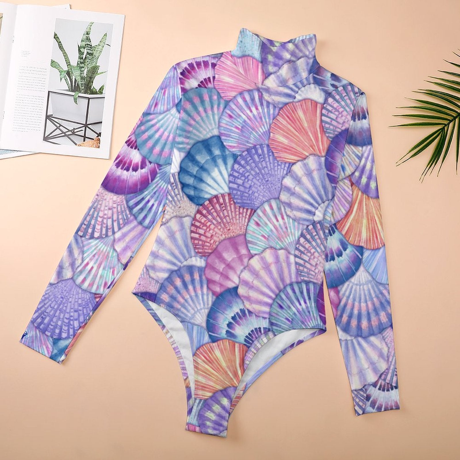 High-collar Long-Sleeve Bodysuit With Cool Seashell Print