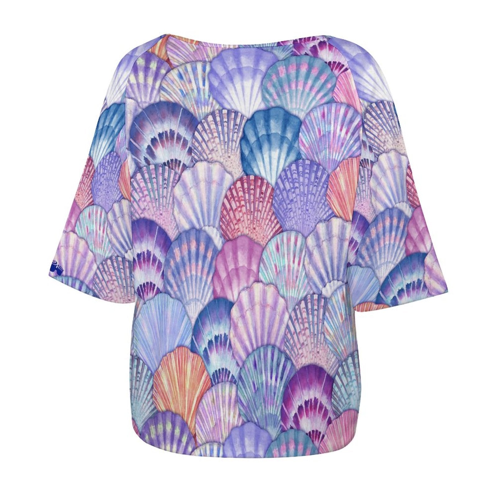 Women’s Off the Shoulder Slouchy, Half-Sleeve T-shirt With Colorful Seashell Pattern Print