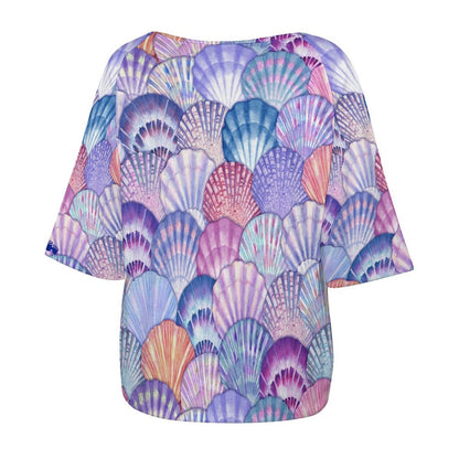 Women’s Off the Shoulder Slouchy, Half-Sleeve T-shirt With Colorful Seashell Pattern Print