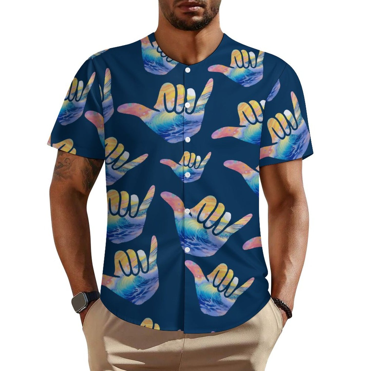 Collarless Hawaiian Style Shirt | Shaka Pattern