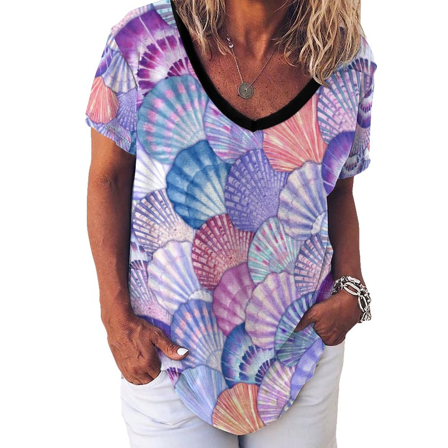 Short Sleeve Tunic V-Neck T-Shirts With Coastal Vibe