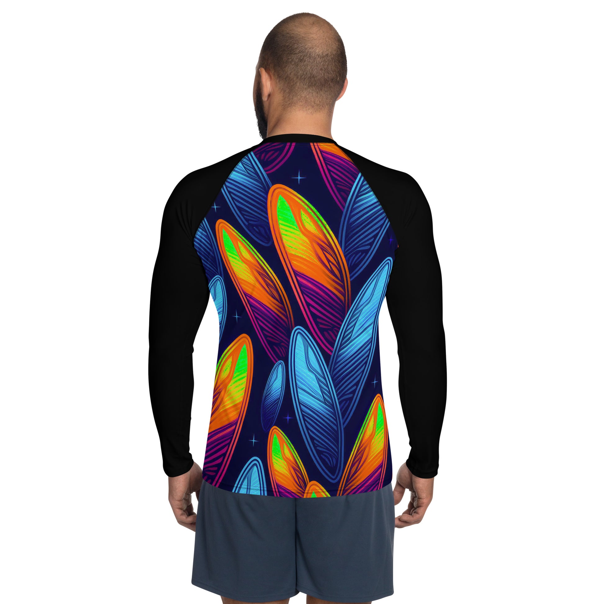 Men's rash guard featuring vibrant Night Sky surfboard pattern, ideal for sun protection and style on the waves.