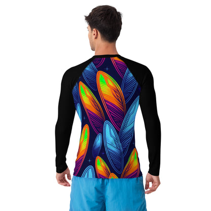 Man in a colorful Night Sky surfboard pattern rash guard, showcasing vibrant designs and protective long sleeves.