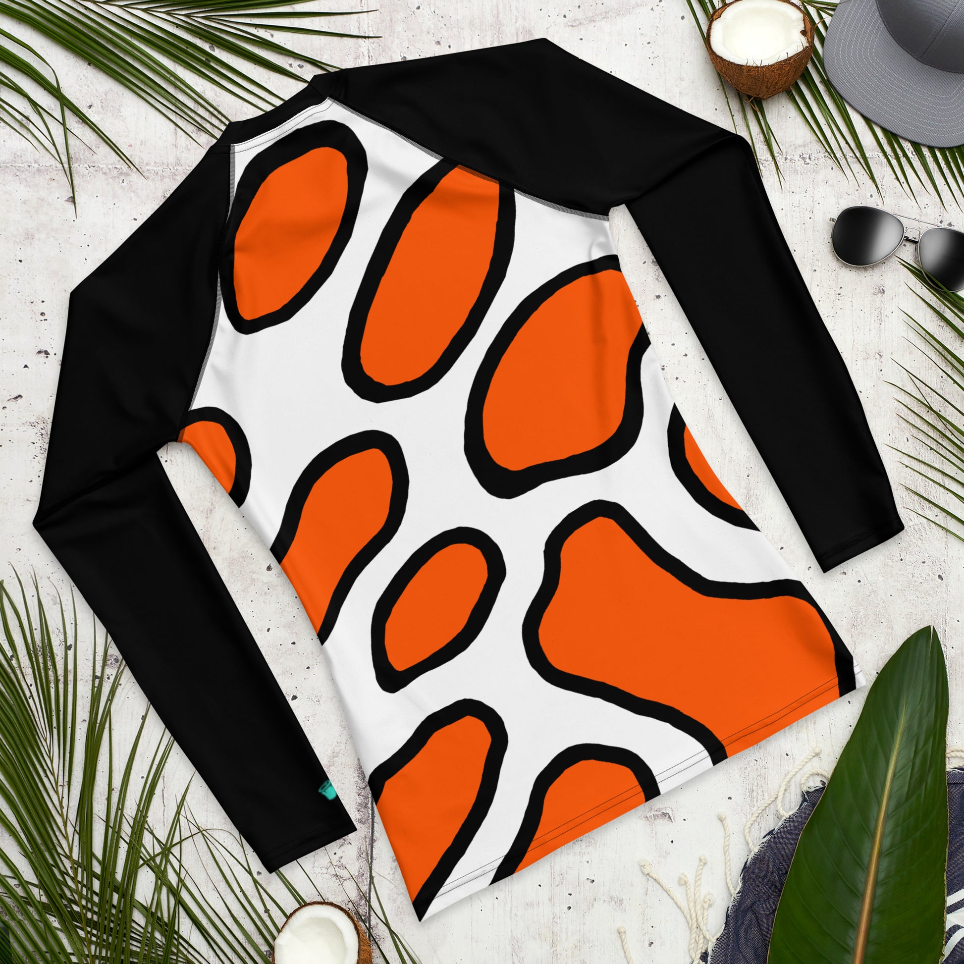 Men's rash guard with a playful clown fish pattern, featuring vibrant orange and black design, perfect for sun protection.