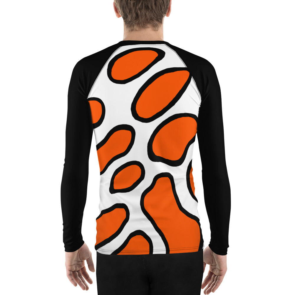 Men's rash guard featuring a unique clown fish pattern, perfect for sun protection and style during outdoor activities.