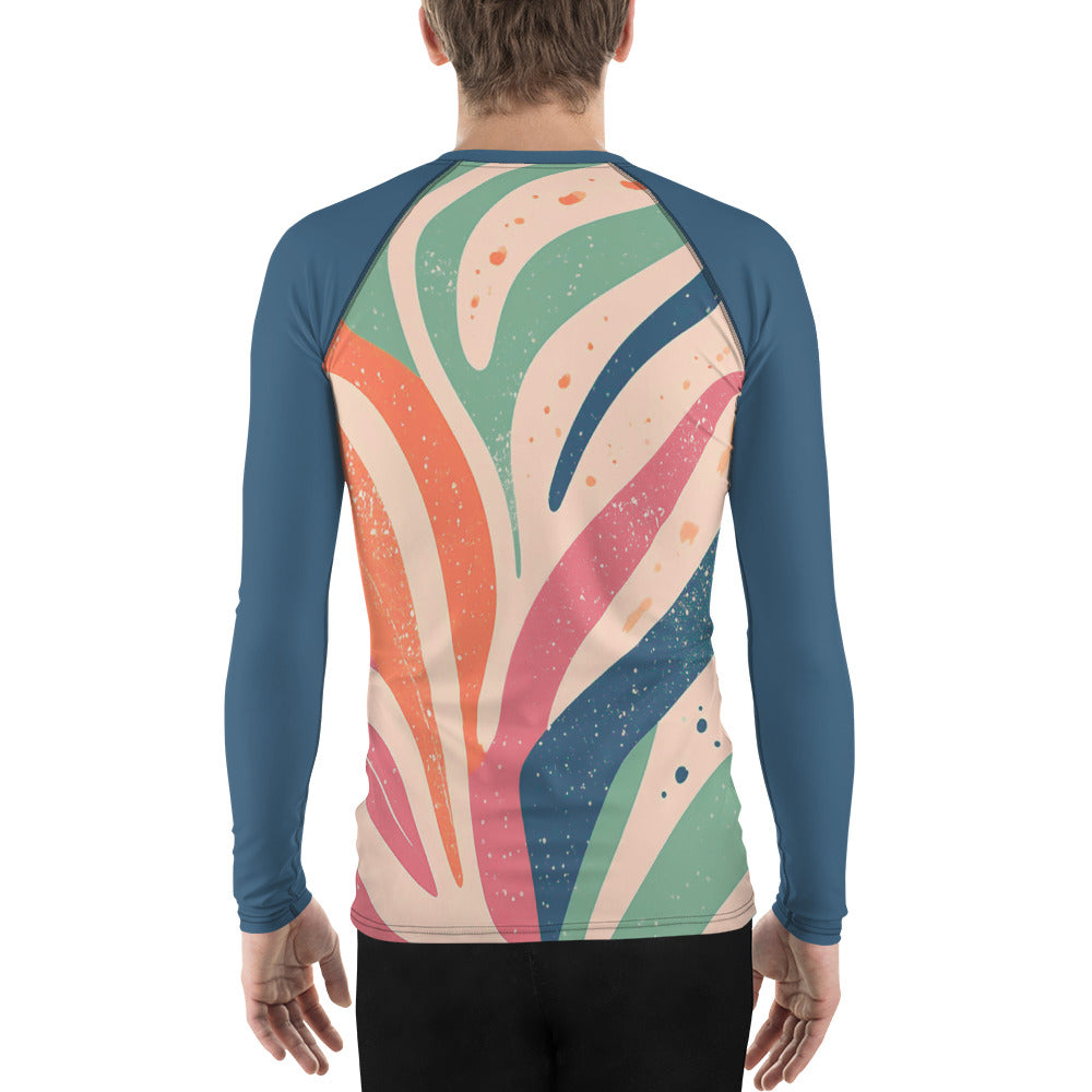 Men's rash guard in coral abstract design, showcasing a stylish back view with colorful patterns and long sleeves. UPF 50+ protection.