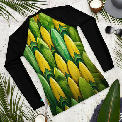 Men's rash guard featuring a vibrant surfboard pattern in green and yellow, perfect for stylish wave-catching adventures.