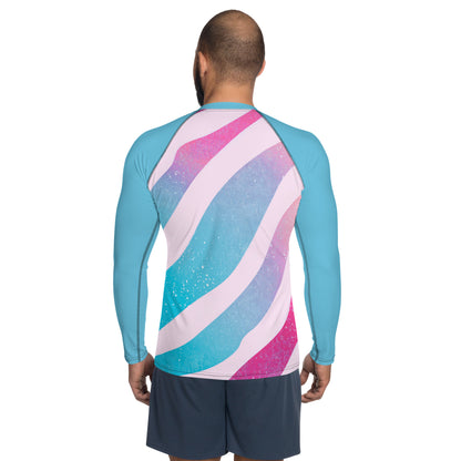 Men's rash guard with colorful wave design, perfect for surfing and sun protection, featuring UPF 50+.