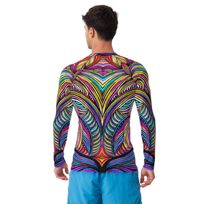 Back view of a man wearing the colorful Mad Abstract Men's Rash Guard with UPF 50+ protection.