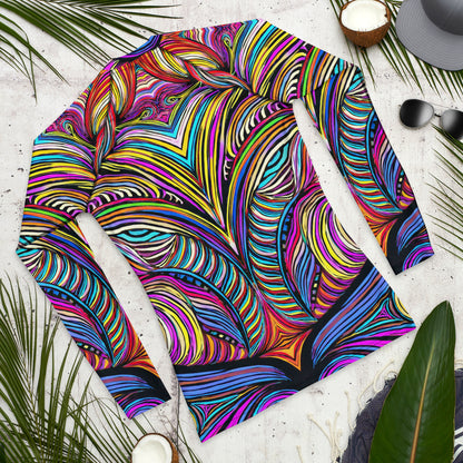 Colorful Mad Abstract Men's Rash Guard with tiki-inspired design, perfect for stylish UV protection in any activity.