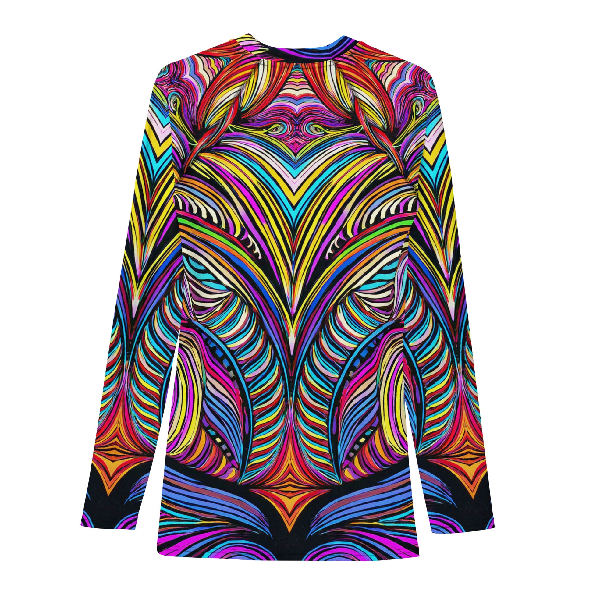 Colorful men's rash guard with bold tiki-inspired abstract patterns, perfect for sun protection and sporty activities.