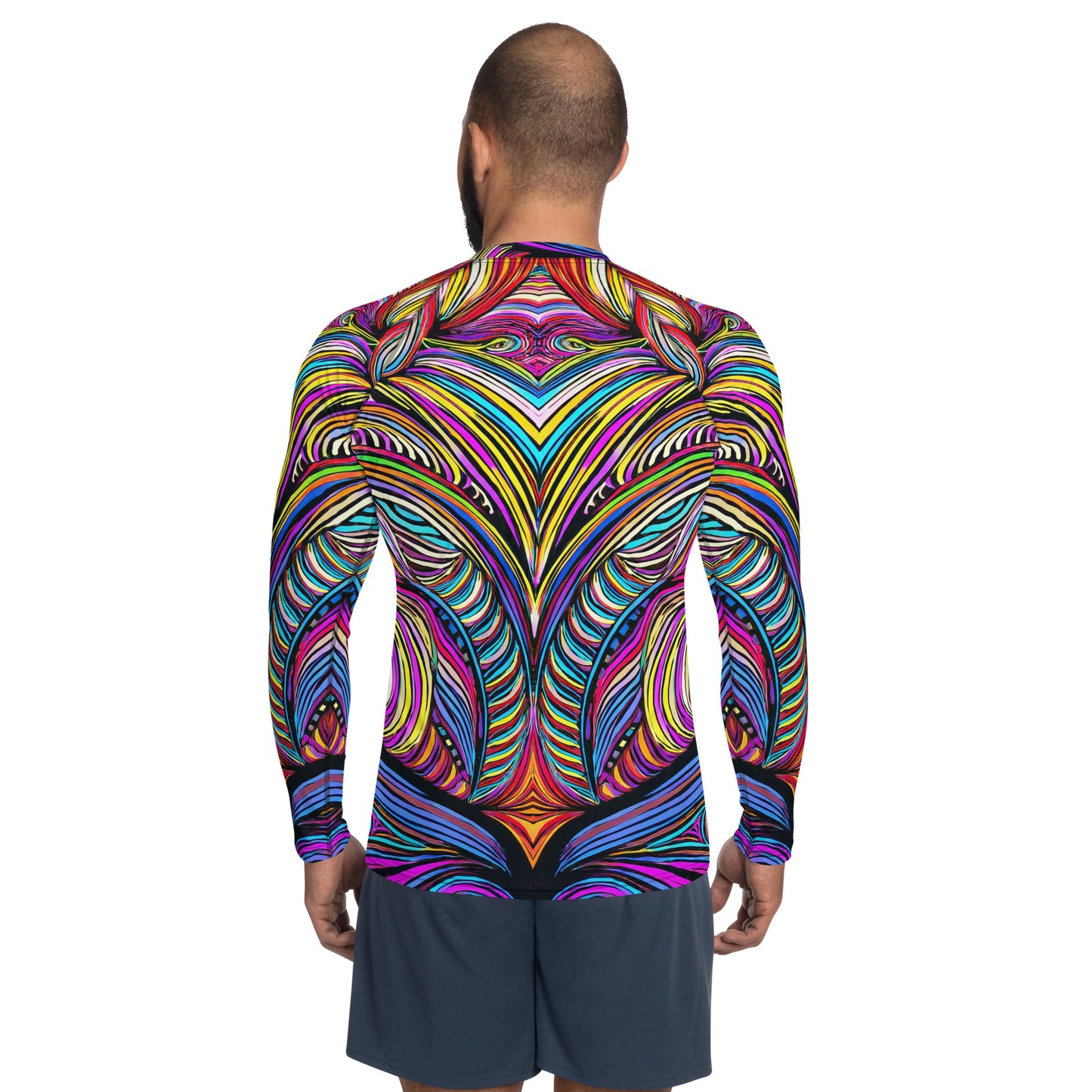 Colorful Mad Abstract Men's Rash Guard showcasing unique tiki-inspired design and long sleeves for UV protection.