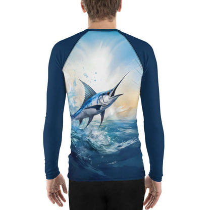 Slim-fit men's rash guard featuring a blue marlin print, perfect for water sports and outdoor adventures. UPF 50+ protection.