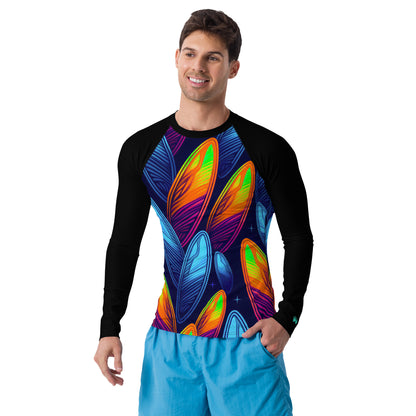 Stylish man in a colorful Night Sky rash guard, perfect for surfing with UPF 50+ sun protection.