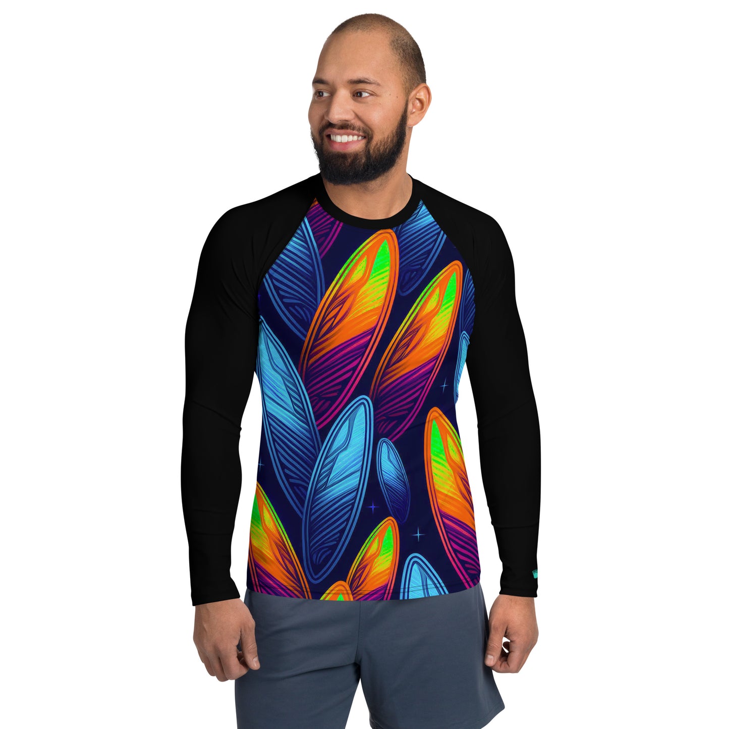 Stylish men's rash guard with vibrant Night Sky surfboard pattern, perfect for sun protection and surfing adventures.