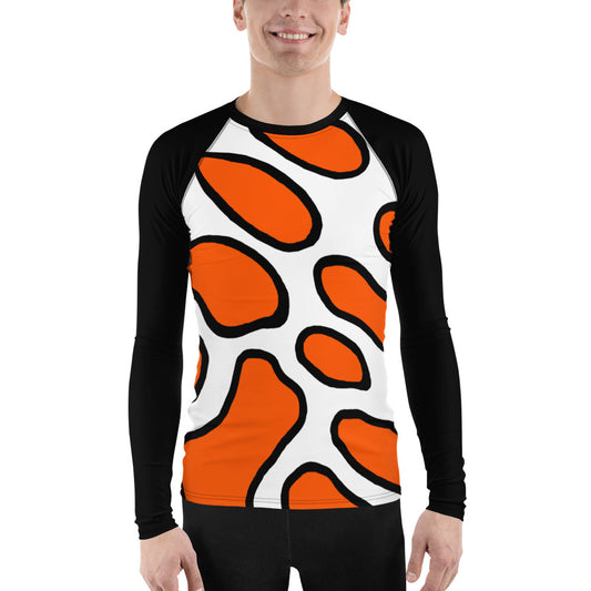 Men's rash guard with clown fish pattern, featuring vibrant orange design and black sleeves for sun protection.