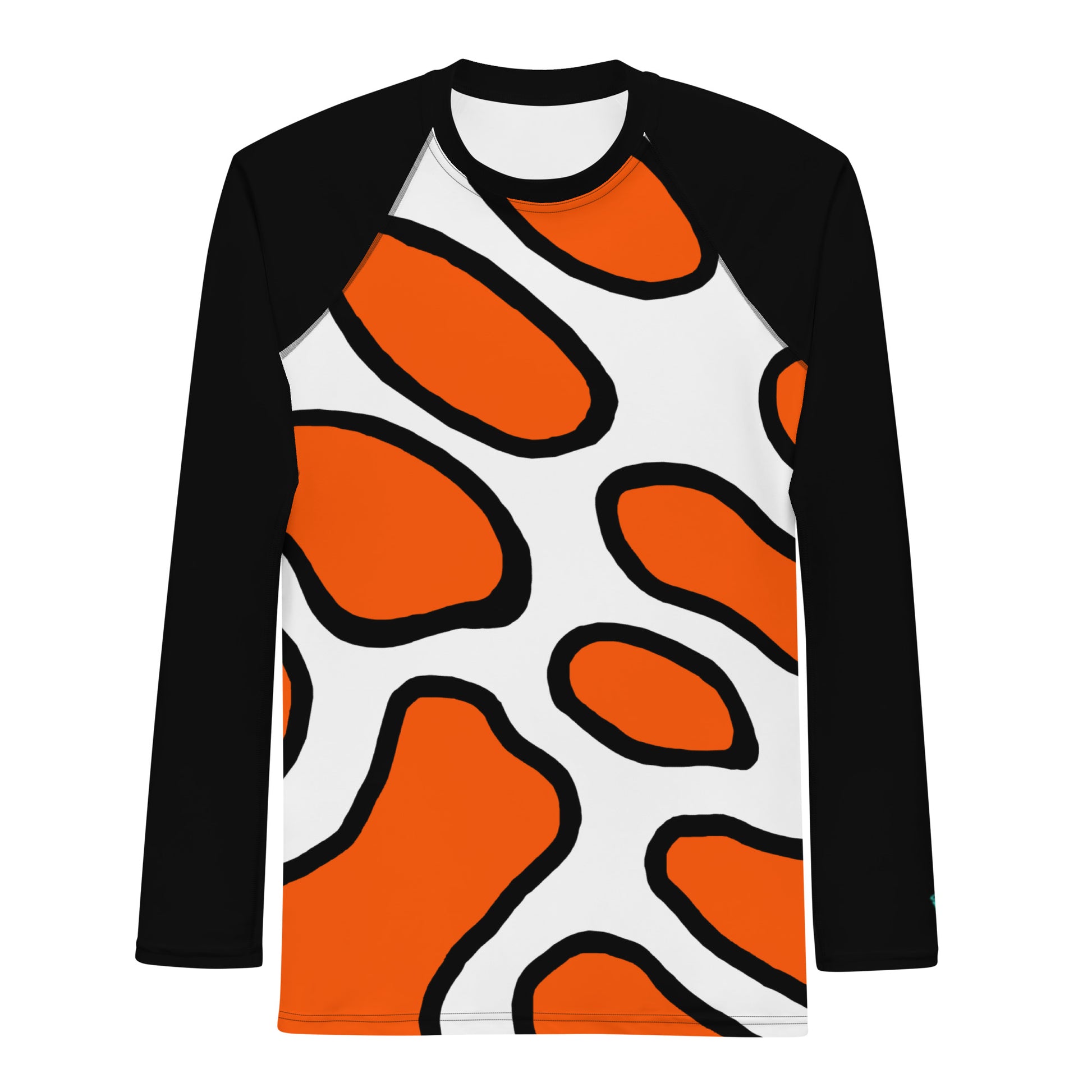 Men's rash guard featuring a vibrant clown fish pattern in orange and black colors, offering UPF 50+ sun protection.