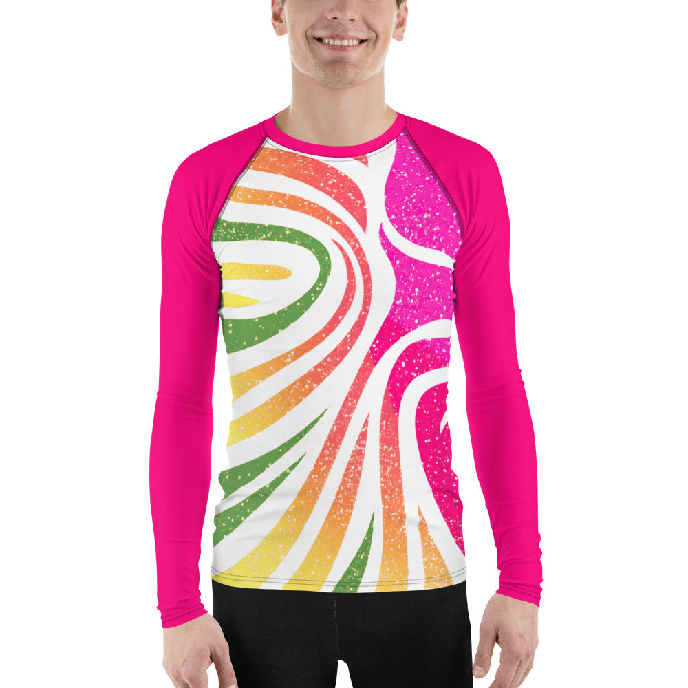 Men's rash guard with vibrant coral pattern and pink sleeves, perfect for surfing with UPF 50+ protection.