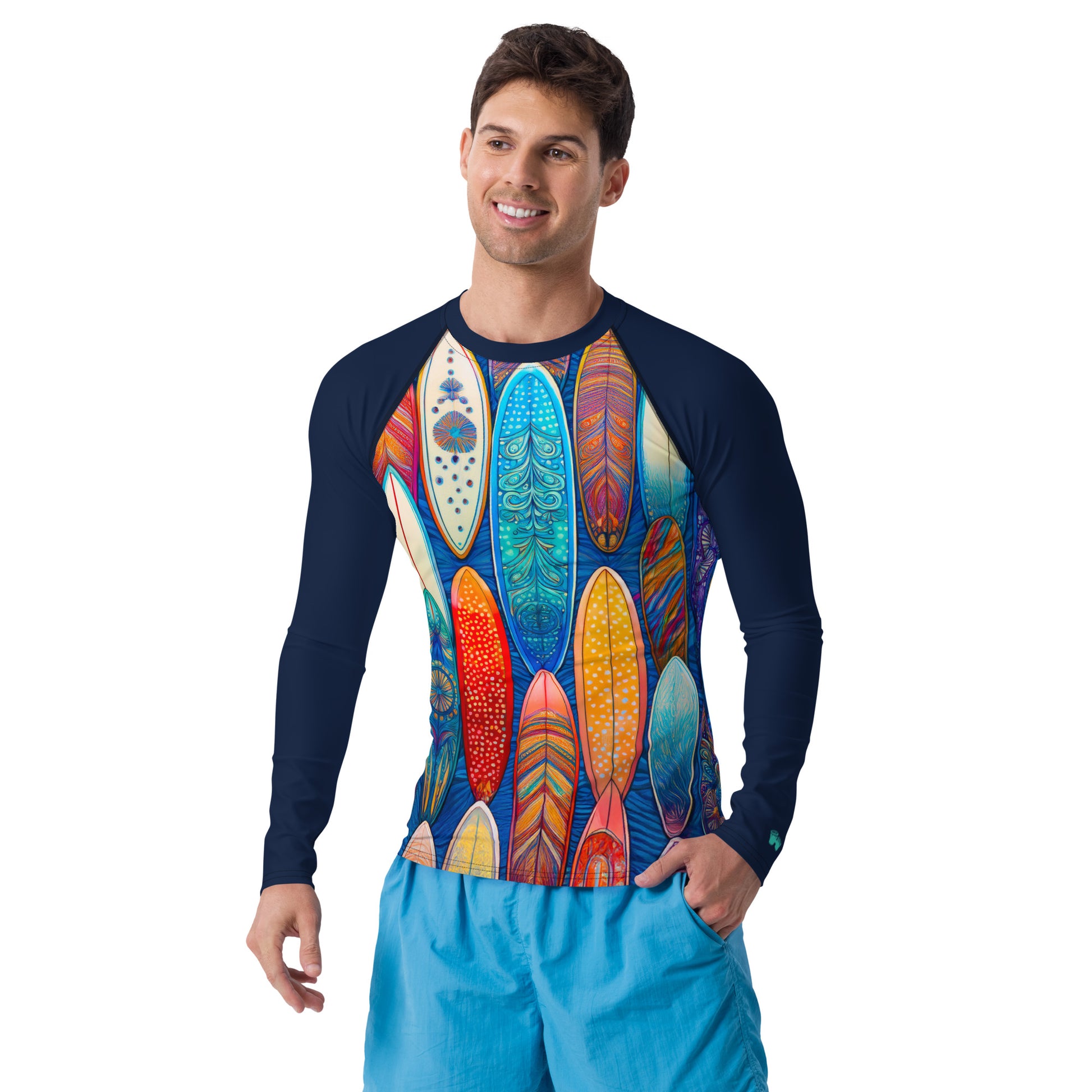 Man wearing a colorful surfboard pattern rash guard, perfect for surfers seeking style and UPF 50+ protection.