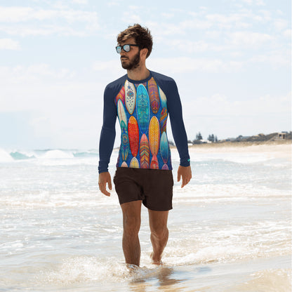 A man walking on the beach in a colorful surfboard pattern rash guard, showcasing UPF 50+ sun protection and style.