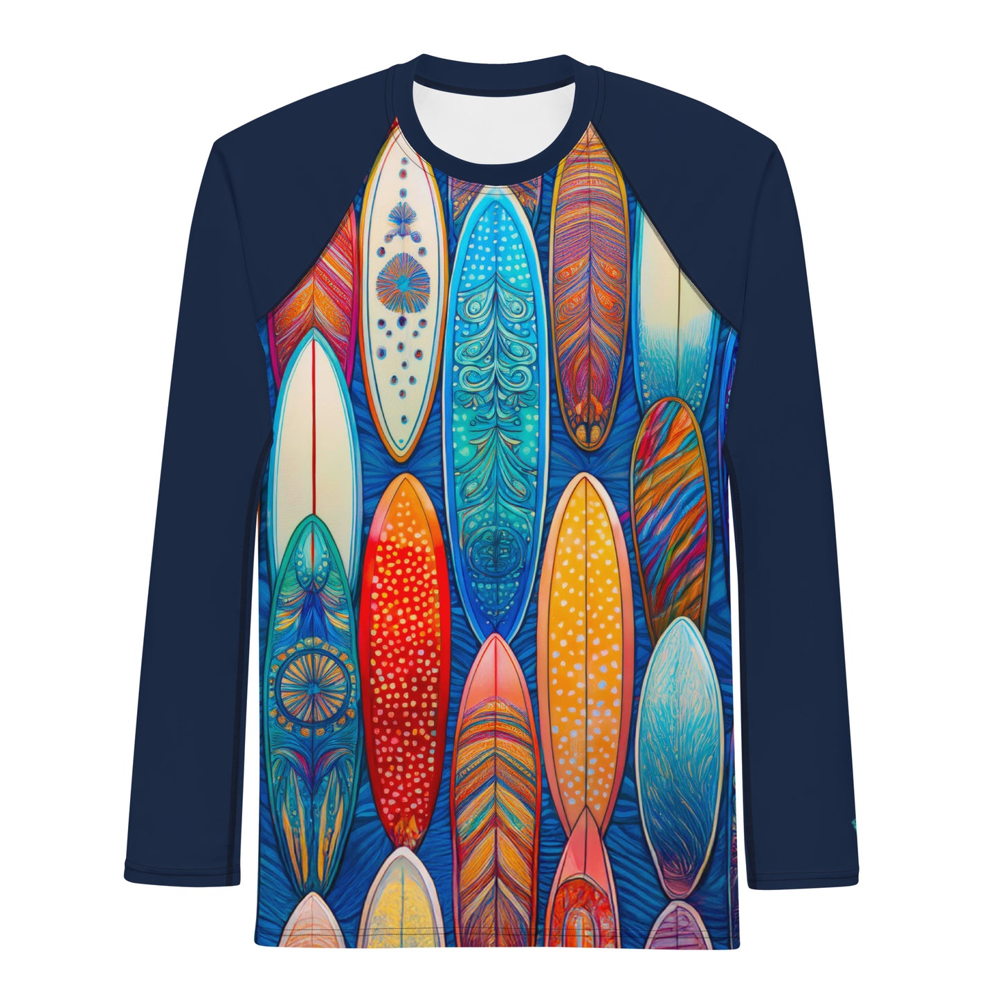 Men's rash guard featuring a vibrant surfboard quiver pattern, perfect for sun protection and comfortable surfing. UPF 50+.