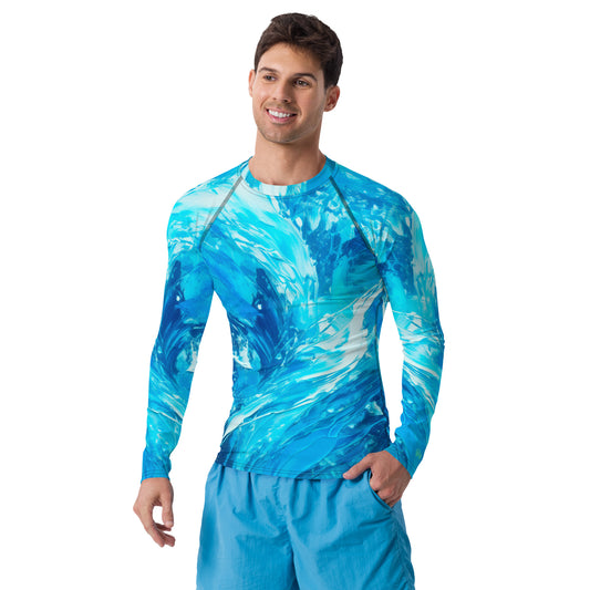 Men's rash guard with wave pattern, designed for sun protection and stylish surfing adventures. UPF 50+ for ultimate defense.