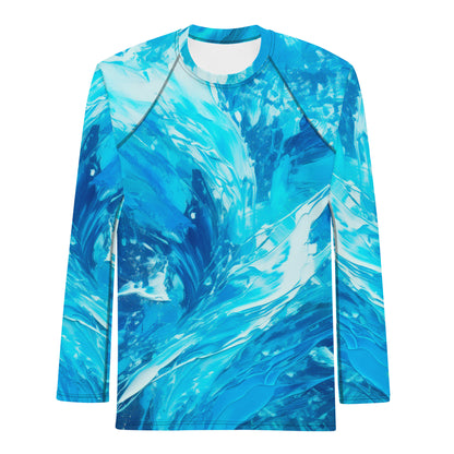 Men's rash guard featuring vibrant wave pattern and UPF 50+ protection for sun safety during surfing adventures.