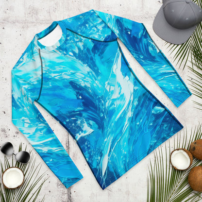 Men's rash guard in vibrant blue wave pattern, featuring UPF 50+ protection for sun safety and stylish surf adventures.