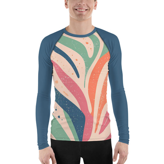 Men's coral abstract rash guard with long sleeves, stylish design, and UPF 50+ UV protection. Perfect for active wear!